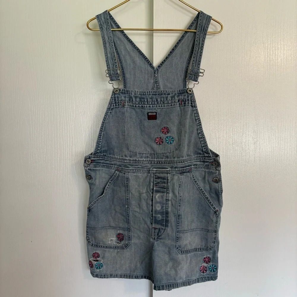 Vintage Route 66 Denim Shortalls - Floral Embroidery - Juniors 11/12 (Medium)